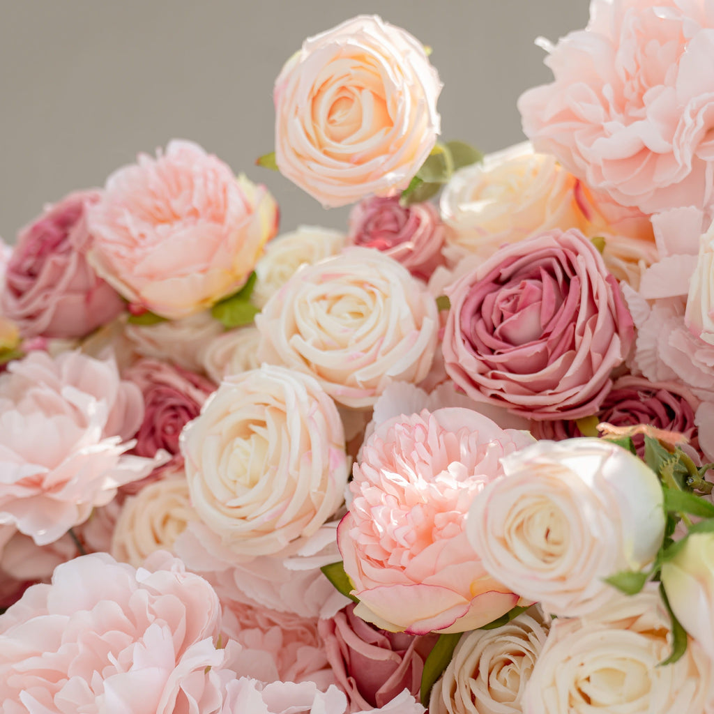 Roll Up Fabric Artificial Variety Of Pink And Cream Floral Bridal Shower Backdrop - Captivating Flowers Photography Arranged Party Event Decor-VF-503
