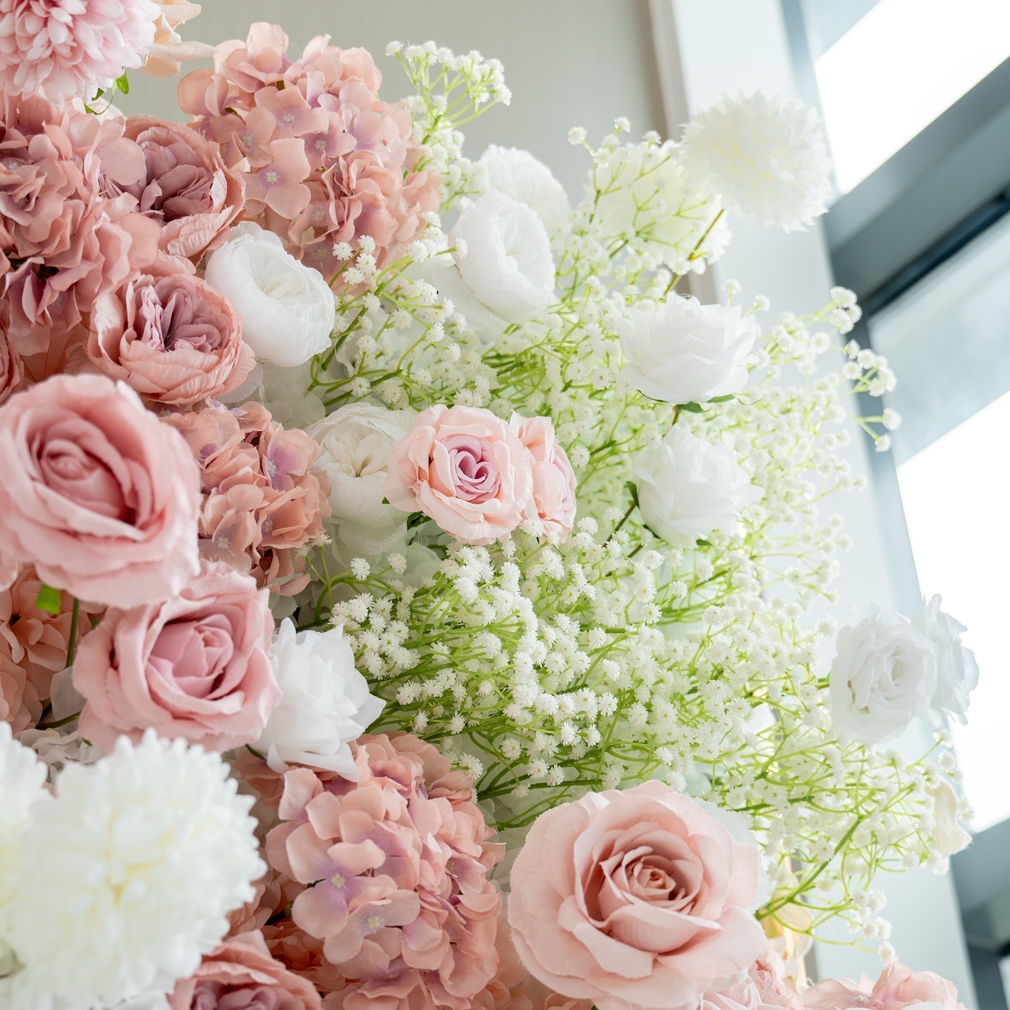 Romantic Floral Backdrop - Blush Nude and White Artificial Flower Wall for Weddings, Events, and Special Occasions-VF-418