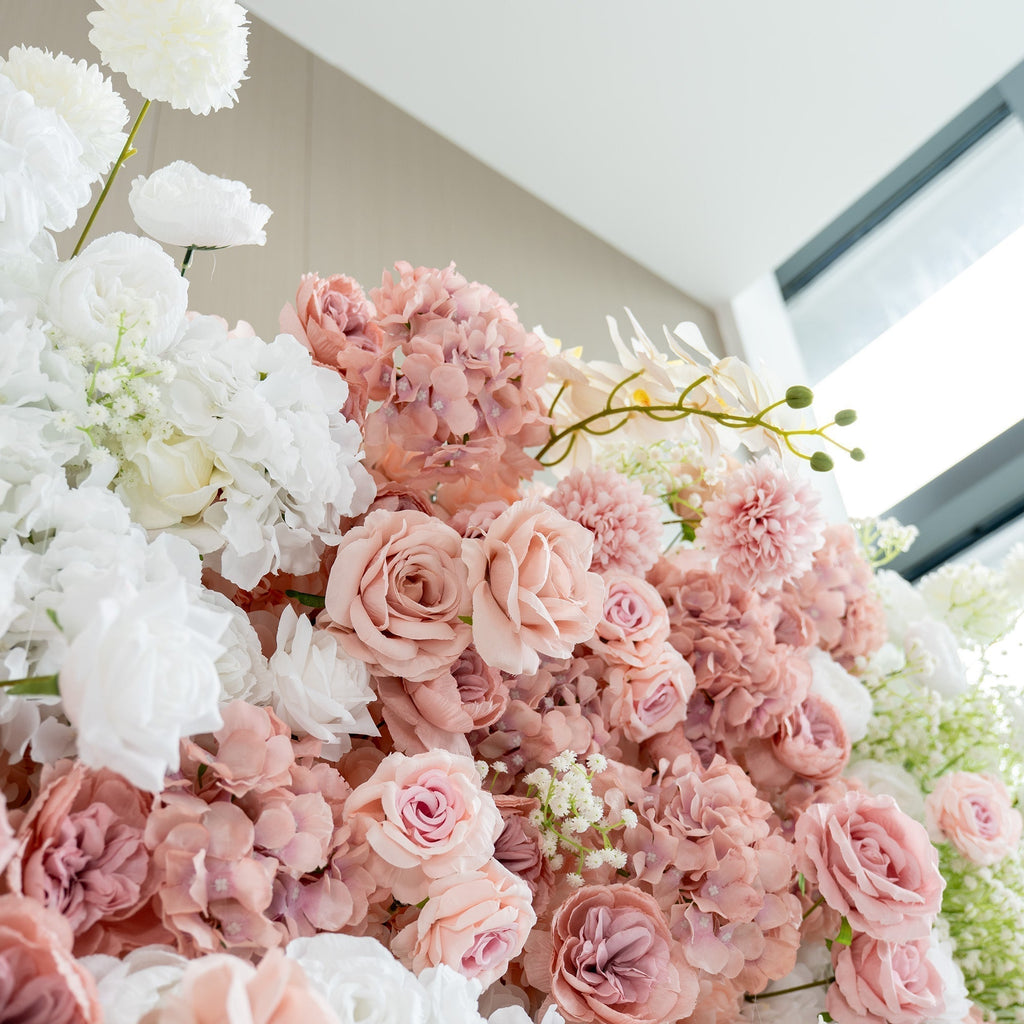 Romantic Floral Backdrop - Blush Nude and White Artificial Flower Wall for Weddings, Events, and Special Occasions-VF-418